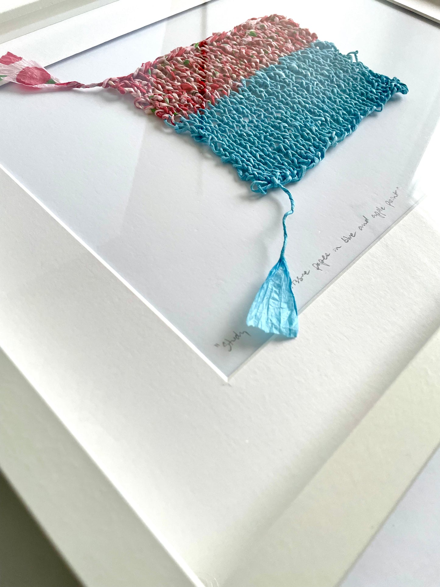 Study with knitted tissue paper in blue and apple print