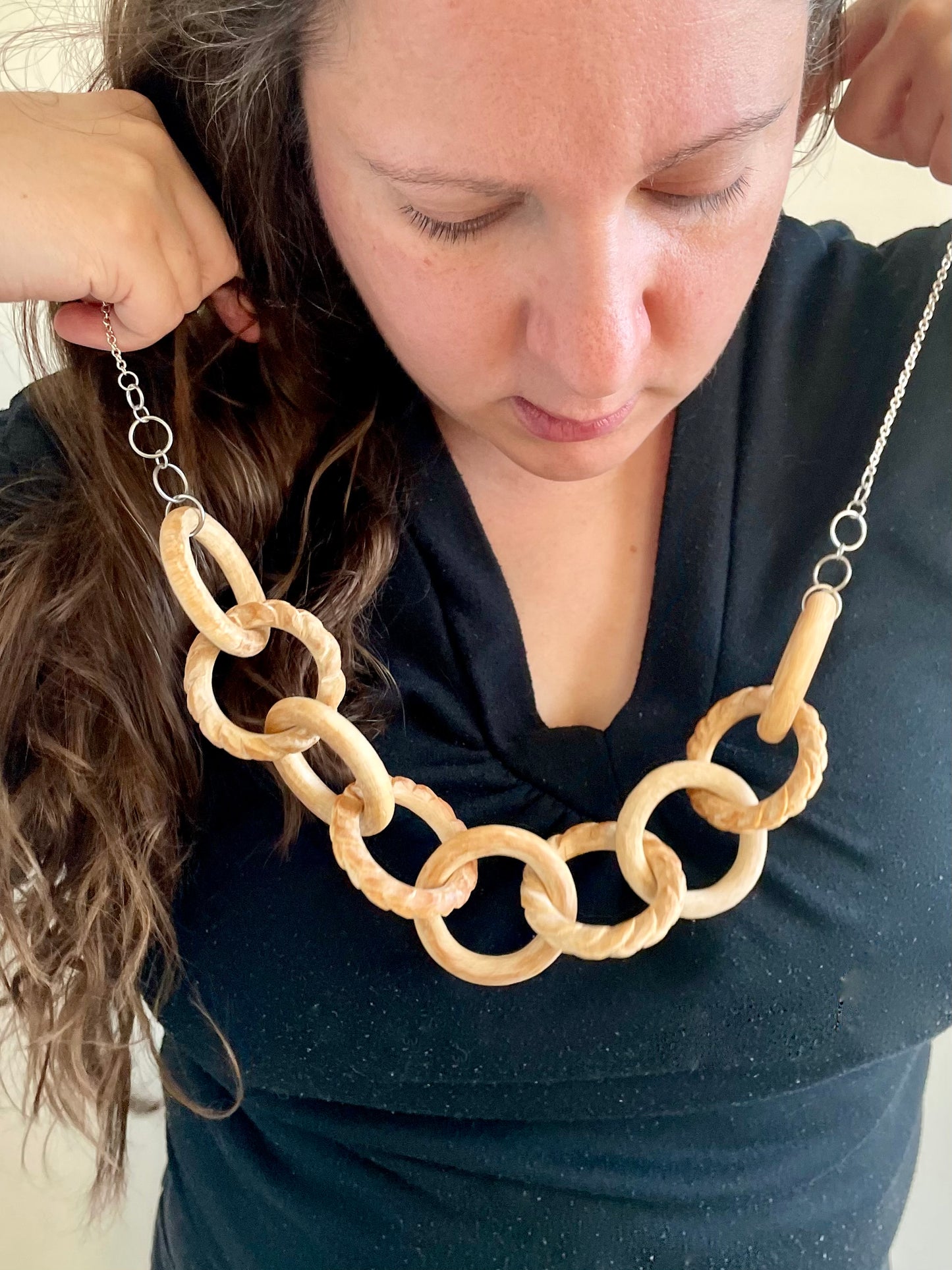 Large Wooden Chain with Braided Wheat Carving