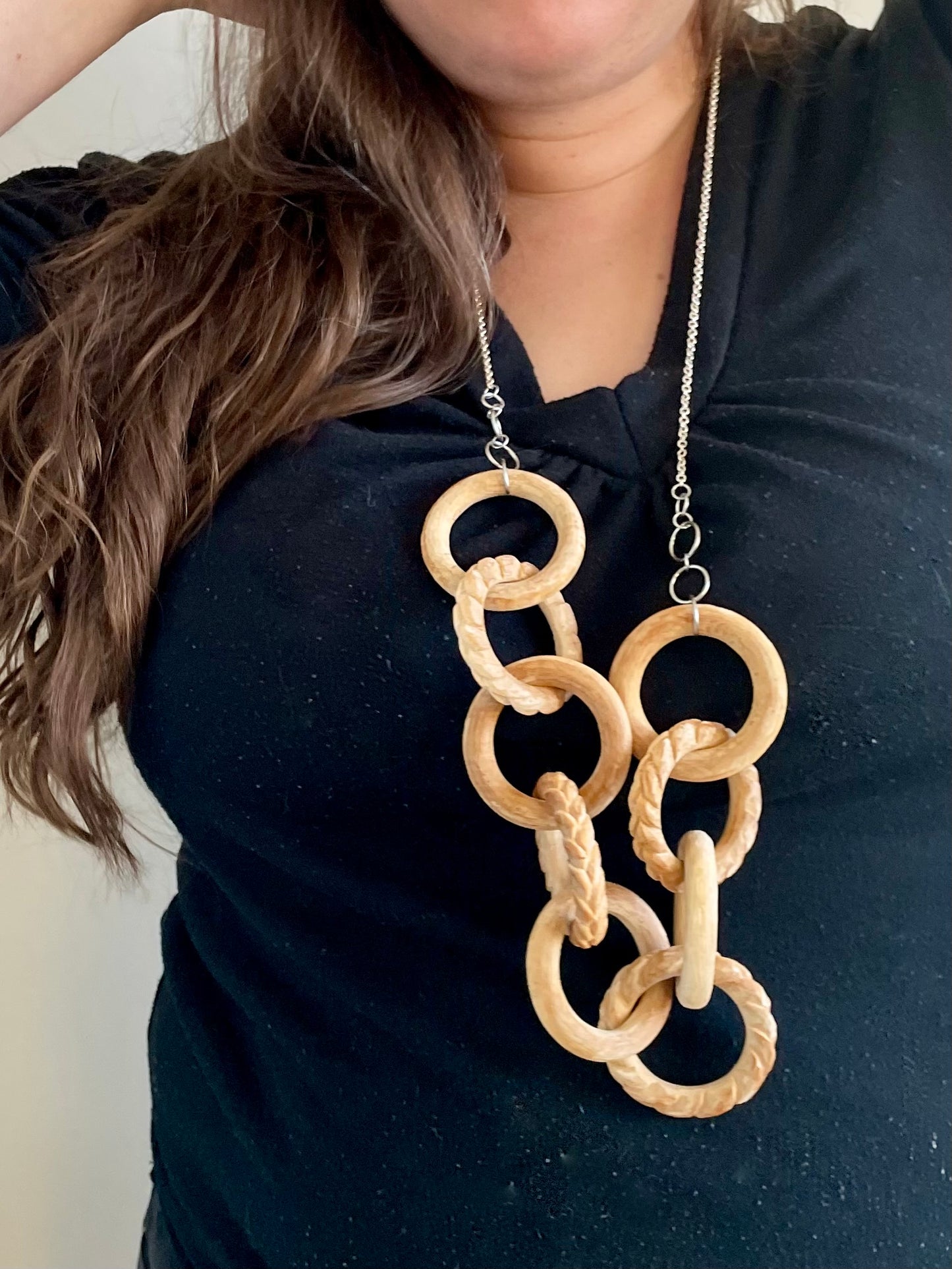 Large Wooden Chain with Braided Wheat Carving